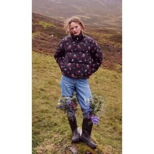 Hill House Elara Puffer Jacket in Black Ikat size XS